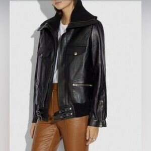 COACH Leather Bomber Jacket with Knit Collar Black Zip Motorcycle Style 88373